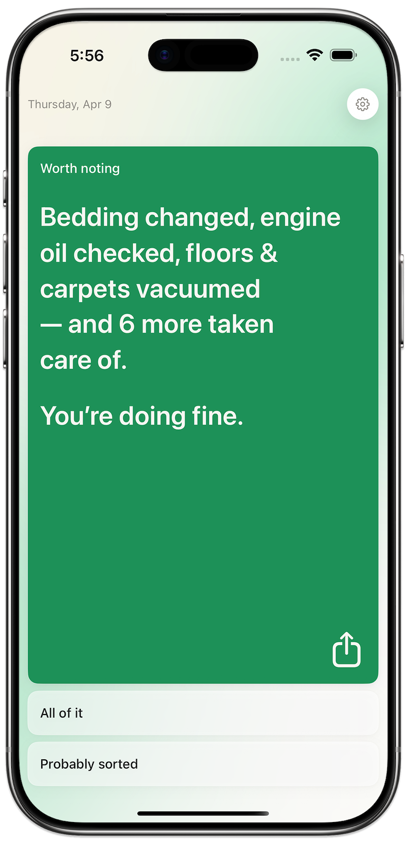 Tended app — life radar showing narrative status card with items tended