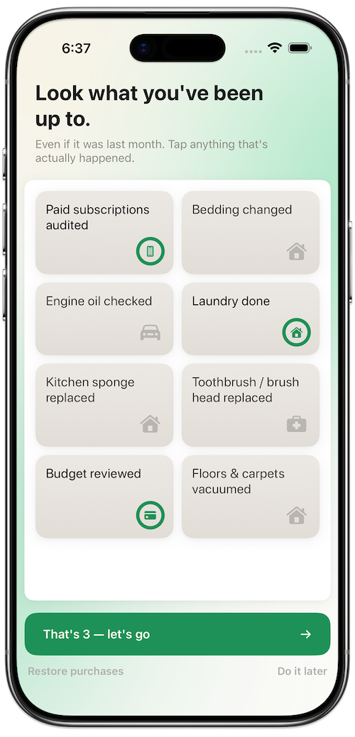 Tended onboarding — tap items you've already done