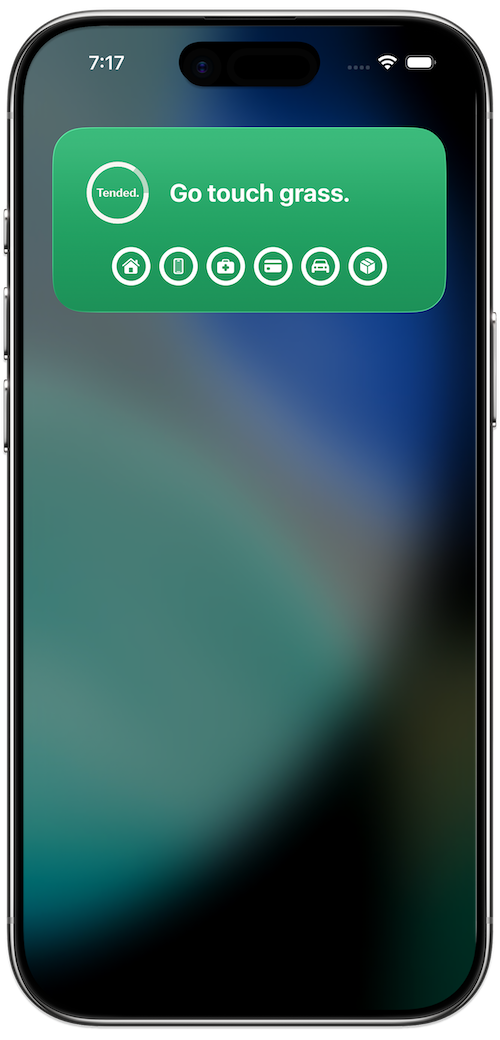Tended widget on iPhone home screen showing all systems nominal